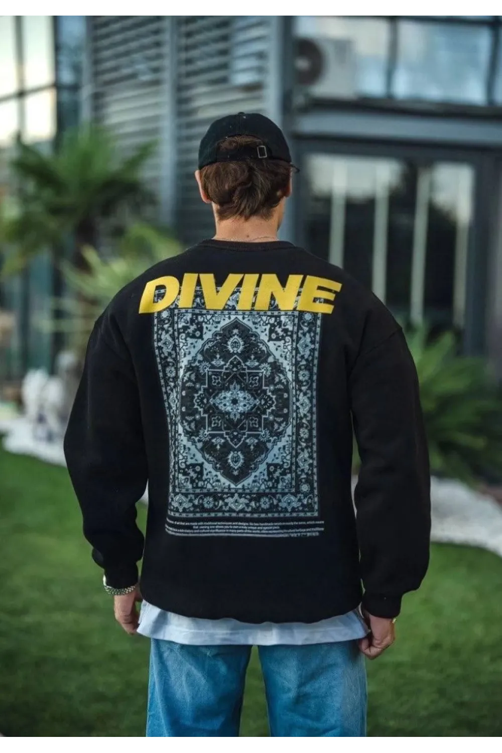 Erkek 3 iplik pamuklu Kışlık Bisiklet Yaka Baskılı SweatShirt - Siyah