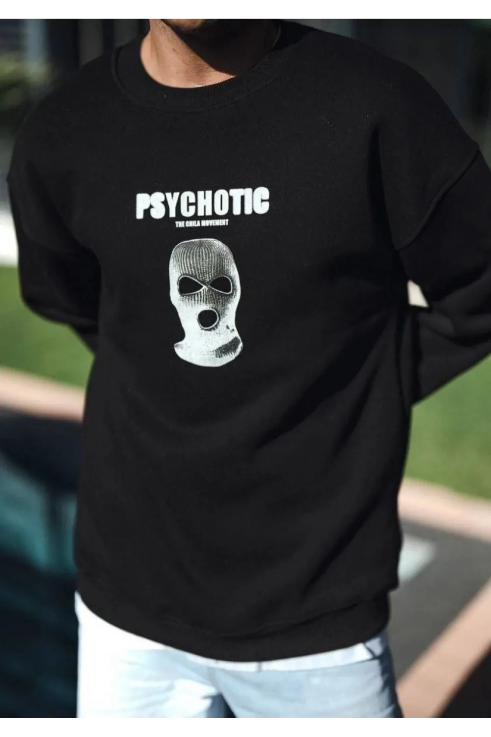 Erkek 3 iplik pamuklu Kışlık Bisiklet Yaka Baskılı SweatShirt - Siyah