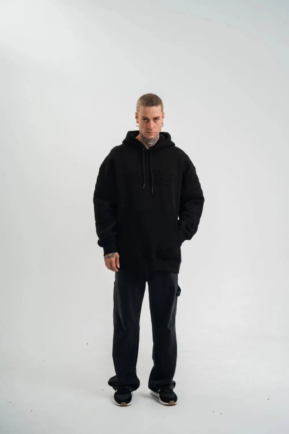 Erkek 3 İplik Pamuklu Oversize Kapüşonlu Nakışlı Hoodie SweatShirt - Siyah