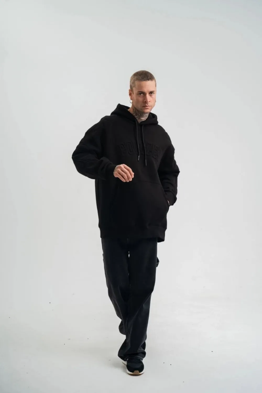 Erkek 3 İplik Pamuklu Oversize Kapüşonlu Nakışlı Hoodie SweatShirt - Siyah