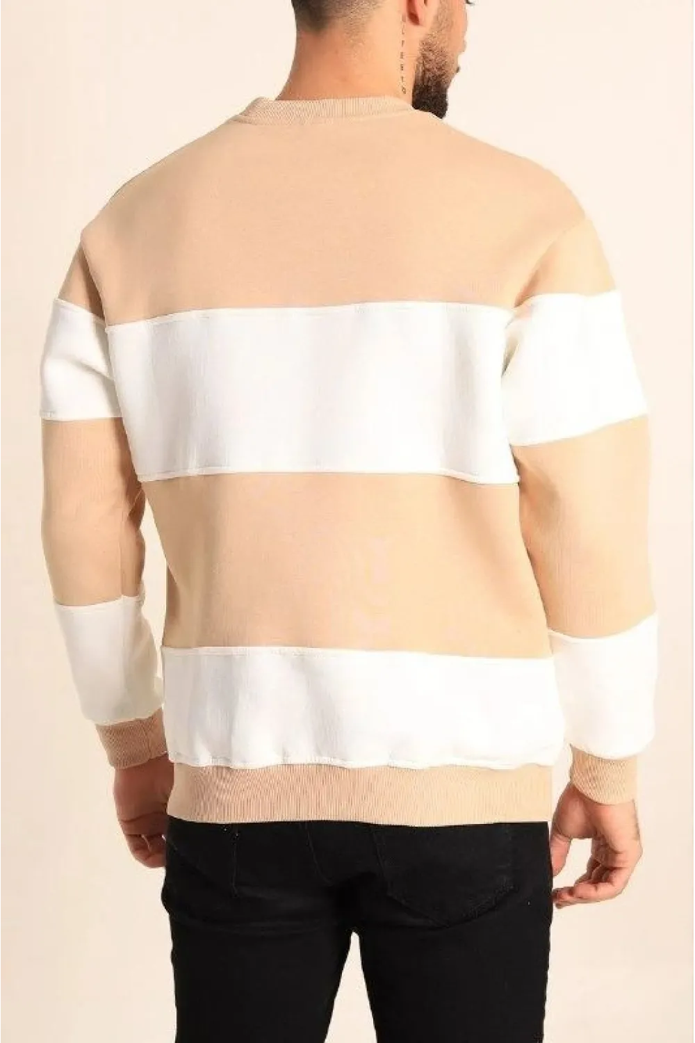 Erkek 3 iplik pamuklu Parçalı Bisiklet Yaka SweatShirt - Bej