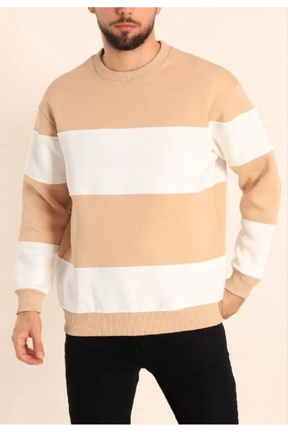 Erkek 3 iplik pamuklu Parçalı Bisiklet Yaka SweatShirt - Bej