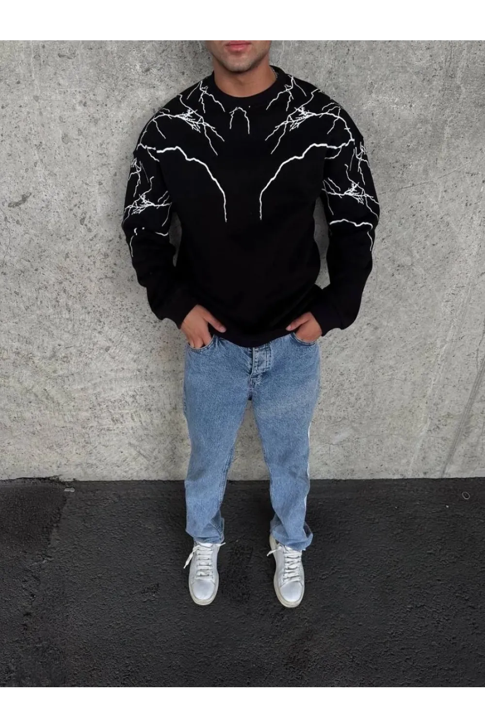 Erkek 3 iplik pamuklu Yıldırım Baskılı Bisiklet Yaka SweatShirt - Siyah