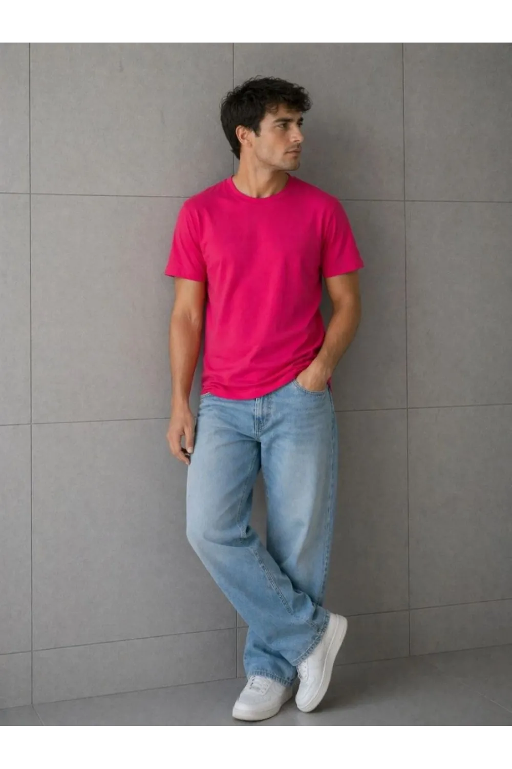 Erkek Basic Pamuklu Tişört Bisiklet Yaka Düz Renk Regular Fit T-Shirt - Fuşya