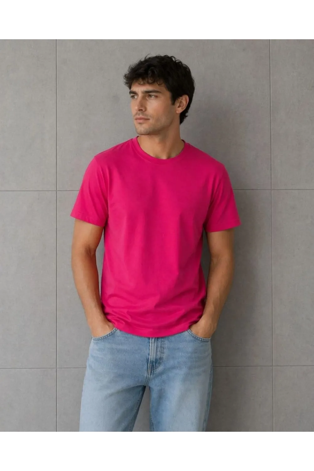 Erkek Basic Pamuklu Tişört Bisiklet Yaka Düz Renk Regular Fit T-Shirt - Fuşya