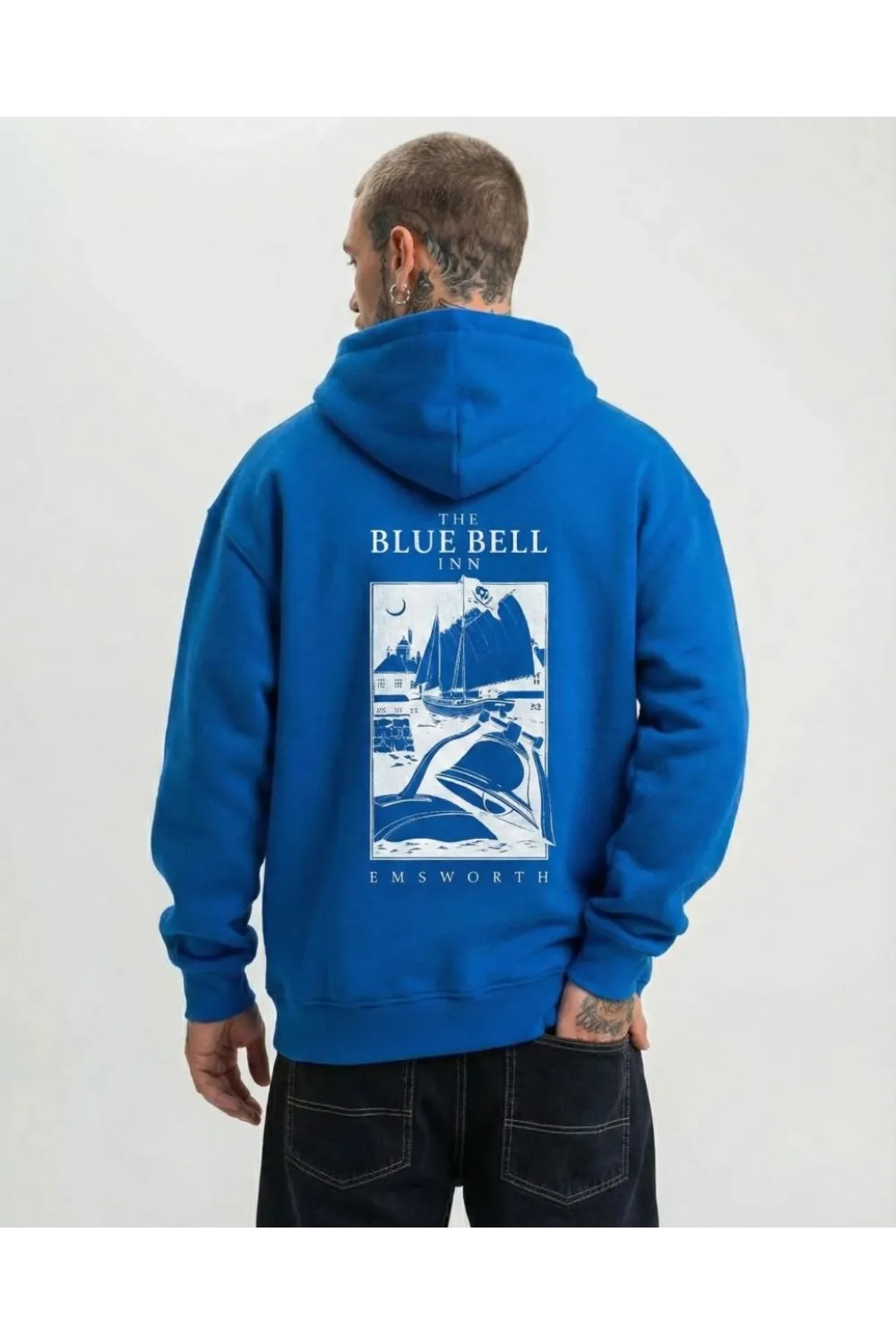 Erkek Baskılı Kapüşonlu Cepli Hoodie 3 İplik Pamuklu Sweatshirt - Saks Mavisii