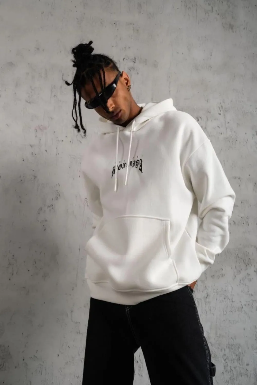 Erkek Baskılı Kapüşonlu ve Kanguru Cepli Sweatshirt hoodie - Beyaz