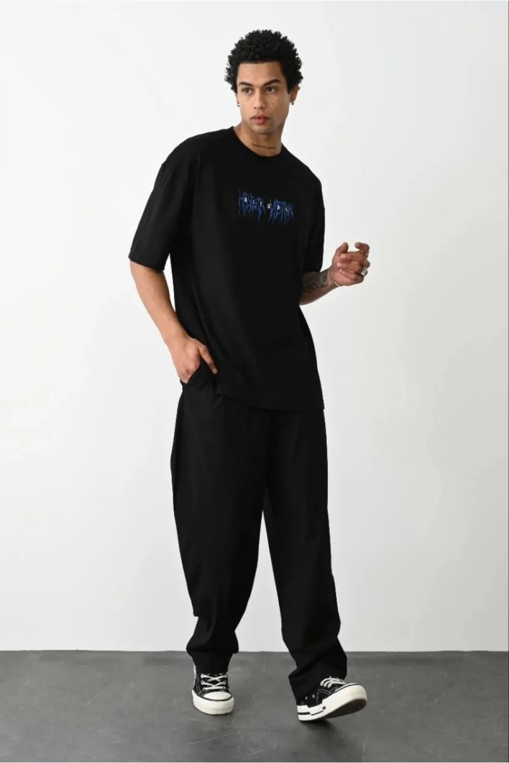 Erkek Baskılı Oversize  Kısa kol T-Shirt - Siyah