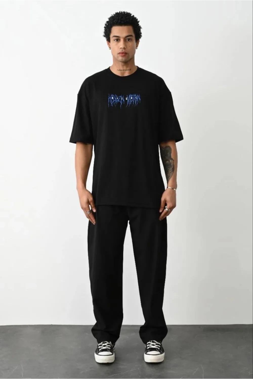 Erkek Baskılı Oversize  Kısa kol T-Shirt - Siyah