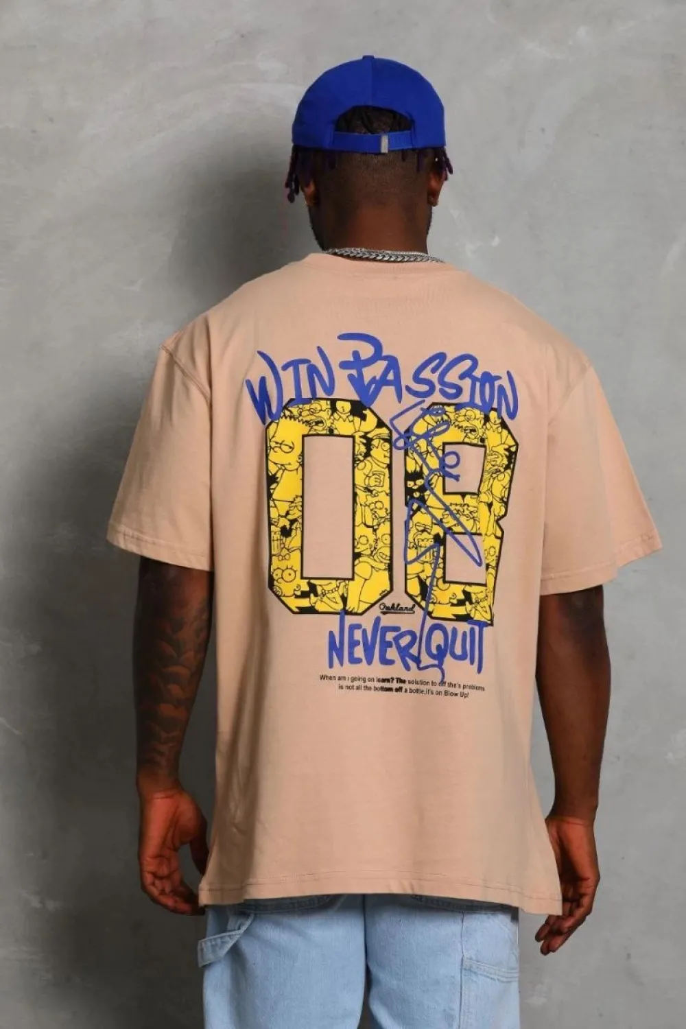 Erkek Baskılı Tişört Kısa Kol Bisiklet Yaka Oversize T-Shirt - Bej