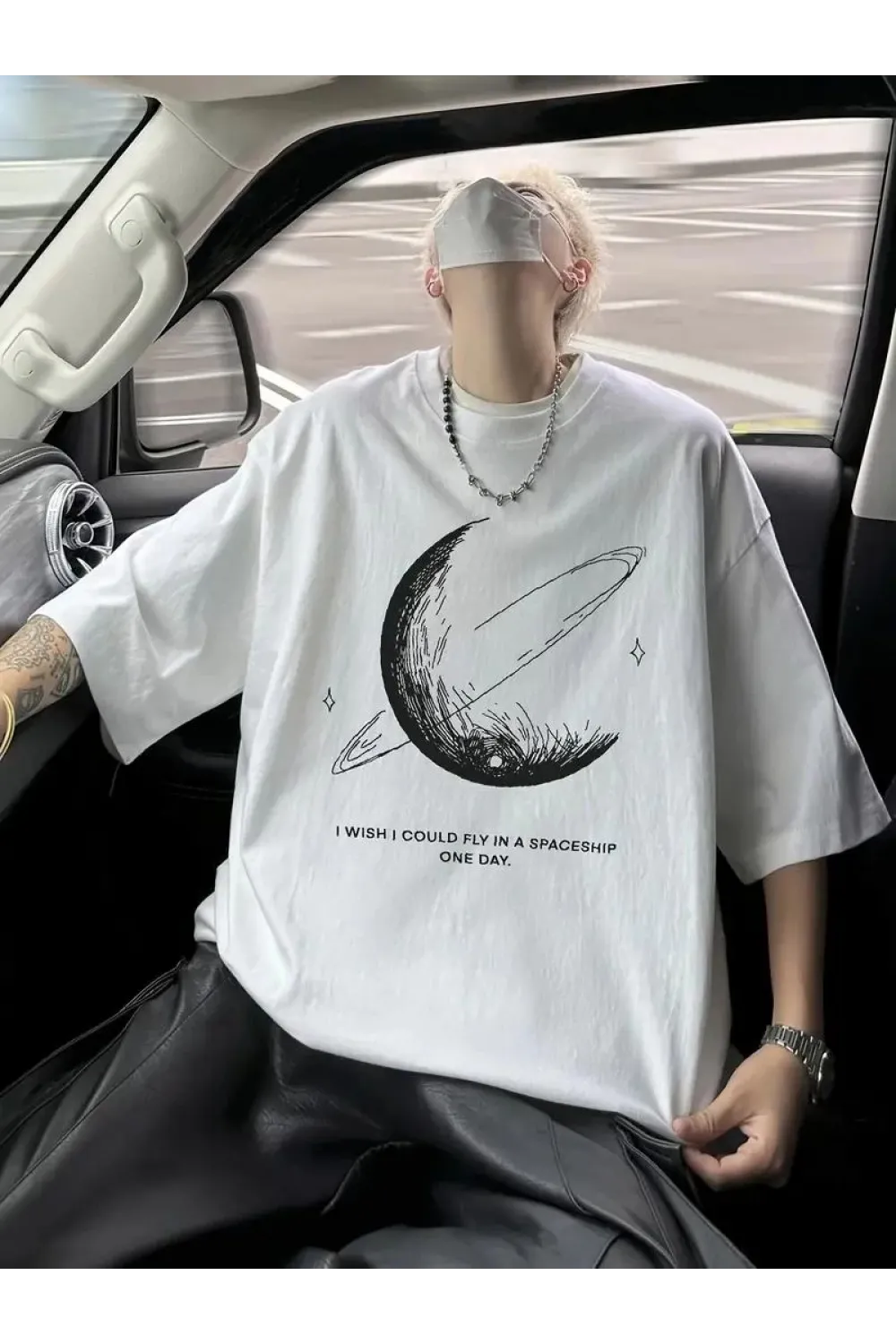 Erkek Baskılı Tişört Kısa Kol Bisiklet Yaka Oversize T-Shirt - Beyaz
