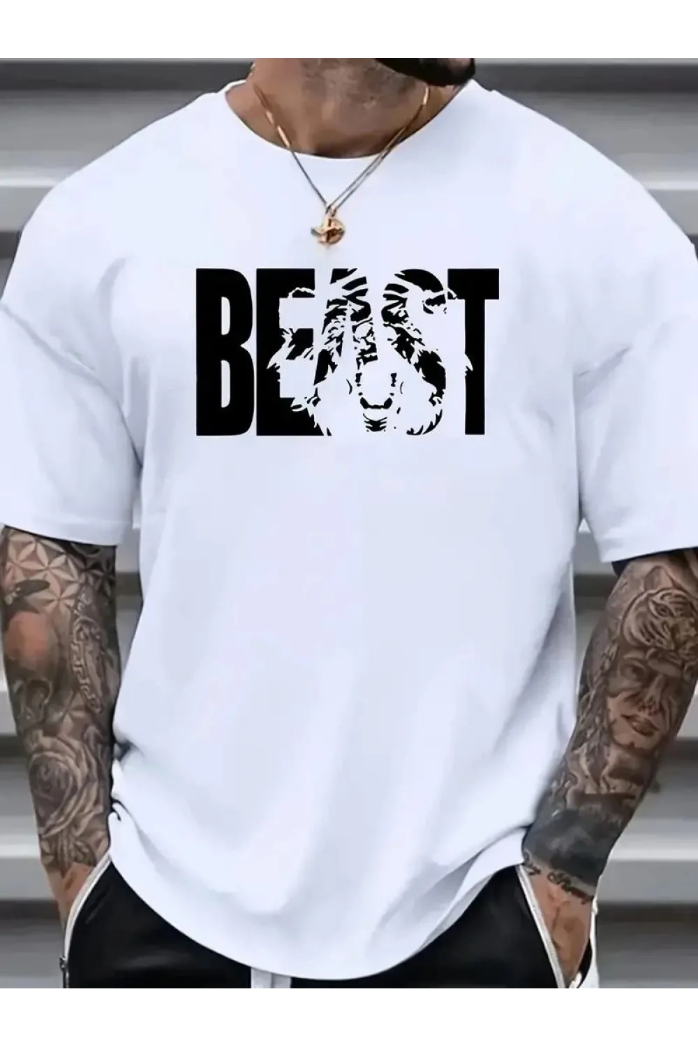 Erkek Baskılı Tişört Kısa Kol Bisiklet Yaka Oversize T-Shirt - Beyaz