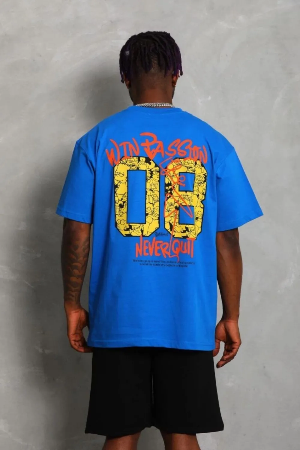 Erkek Baskılı Tişört Kısa Kol Bisiklet Yaka Oversize T-Shirt - Mavi