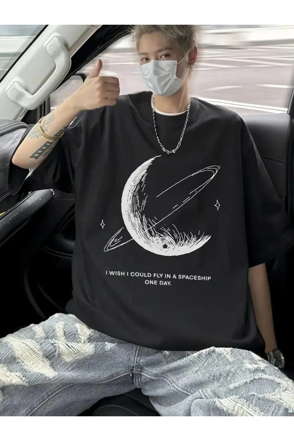 Erkek Baskılı Tişört Kısa Kol Bisiklet Yaka Oversize T-Shirt - - Siyah