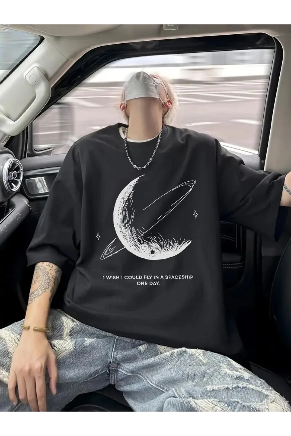 Erkek Baskılı Tişört Kısa Kol Bisiklet Yaka Oversize T-Shirt - - Siyah