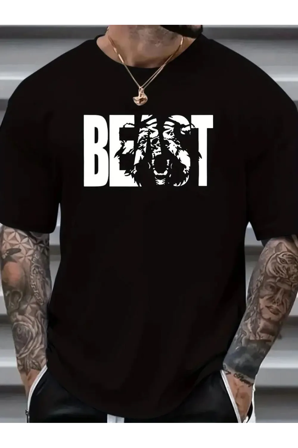 Erkek Baskılı Tişört Kısa Kol Bisiklet Yaka Oversize T-Shirt - Siyah