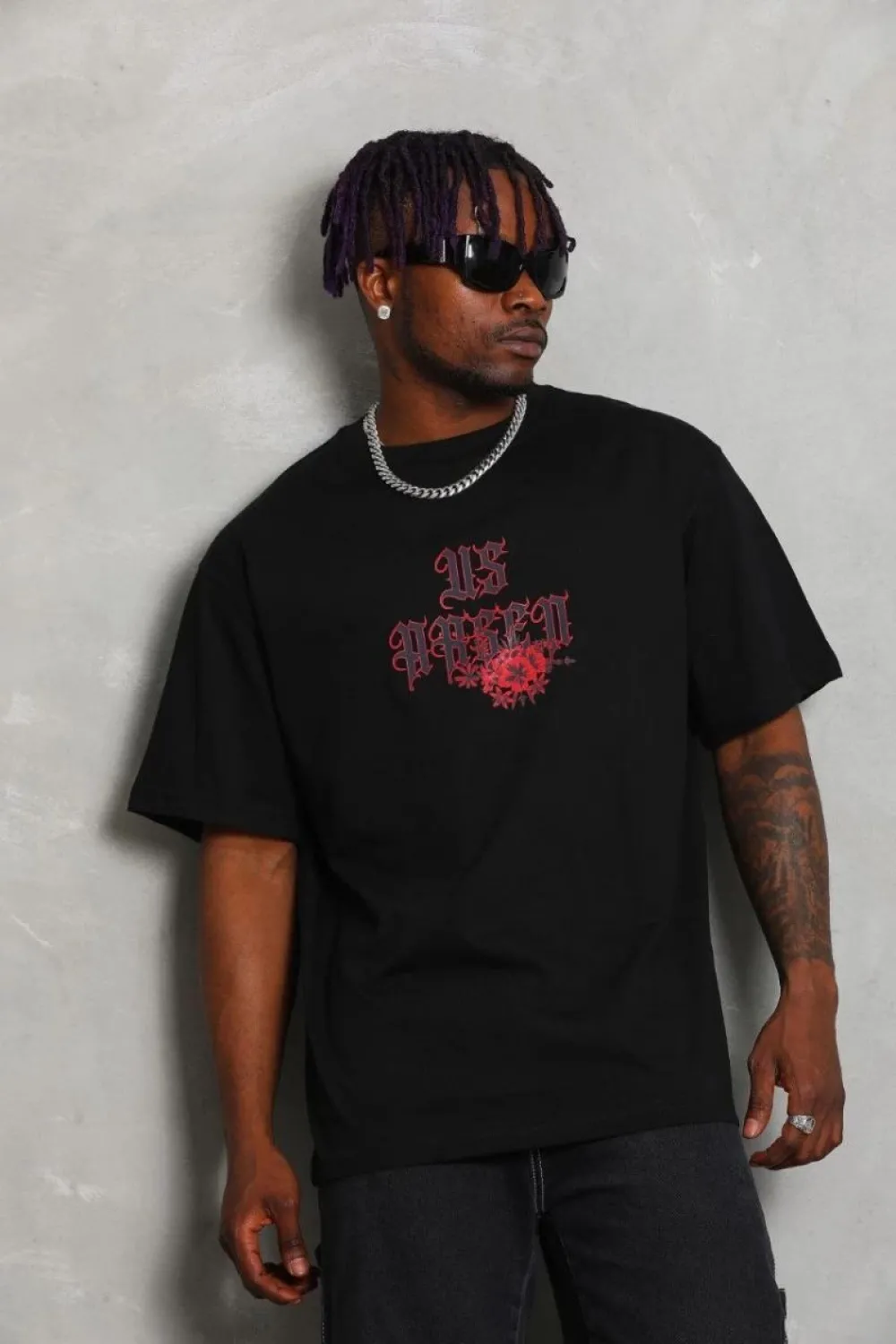 Erkek Baskılı Tişört Kısa Kol Bisiklet Yaka Oversize T-Shirt - Siyah