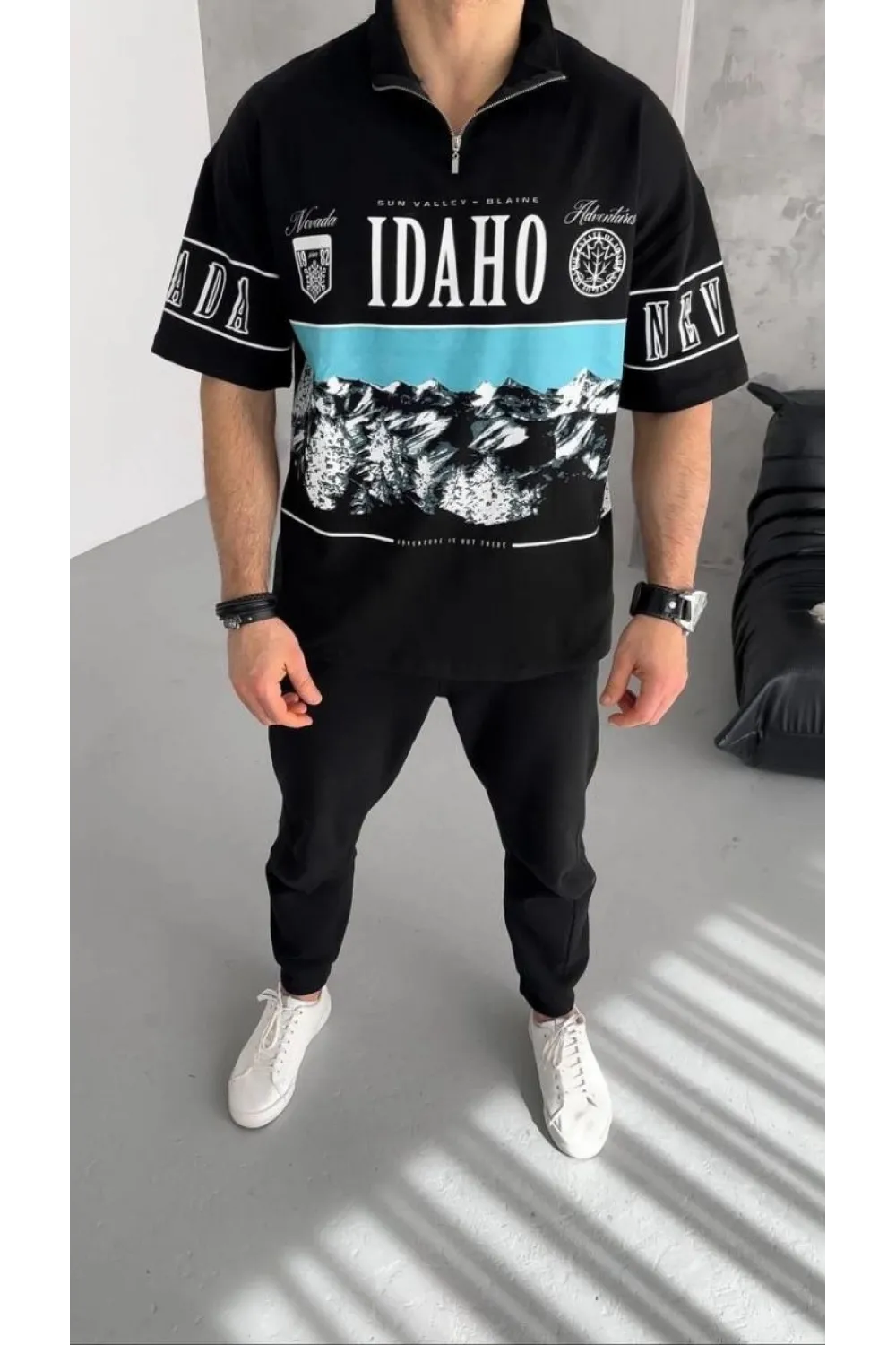 Erkek  Baskılı Yarım Fermuarlı  Kısa kol T-Shirt - Siyah