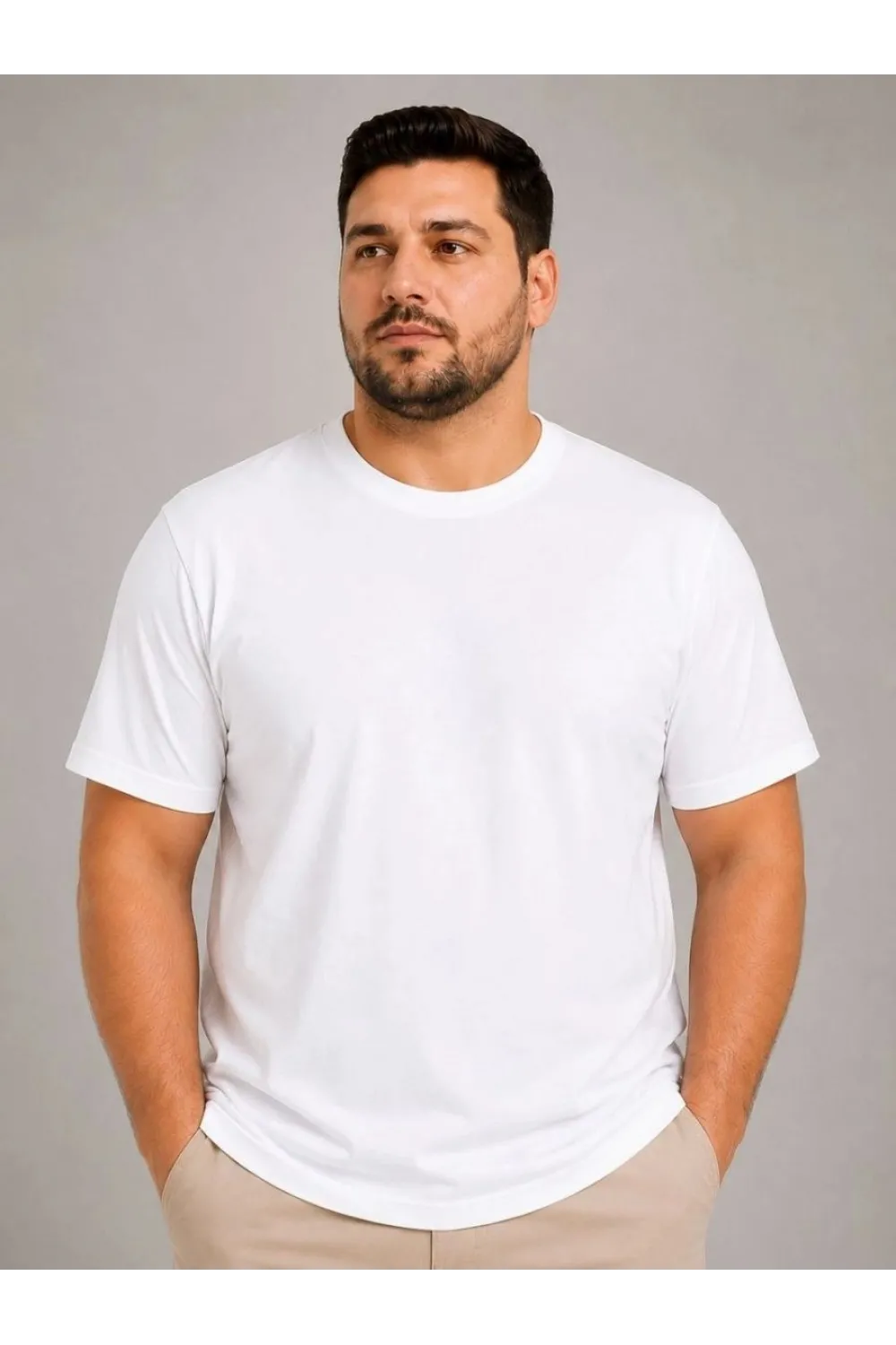 Erkek Battal Big Size Basic Tişört Bisiklet Yaka Rahat Kalıp T-Shirt - Beyaz