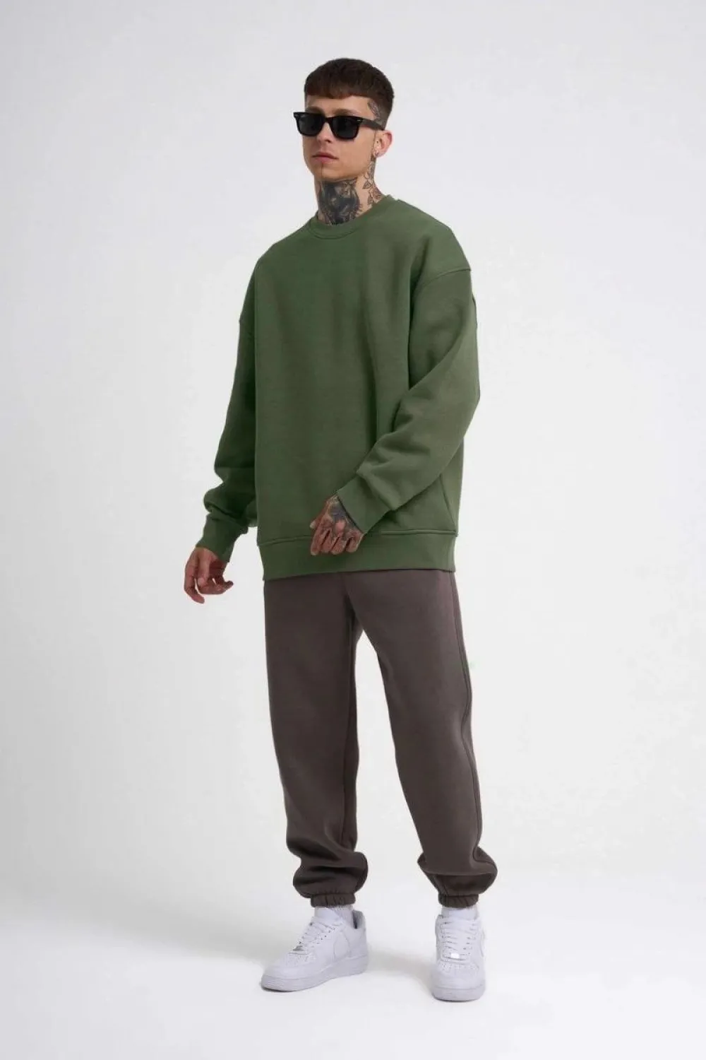 ERKEK Bisikilet Yaka 3 İplik Pamuklu SweatShirt - Haki