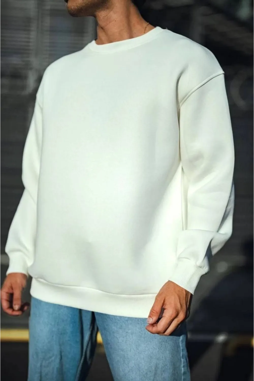 Erkek  Bisiklet Yaka 3 İplik Pamuklu Basic SweatShirt - Beyaz