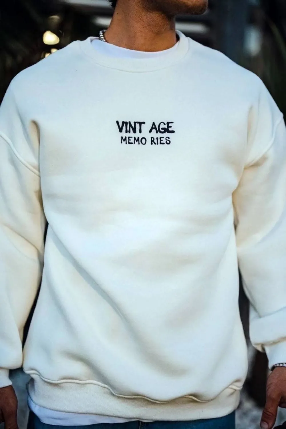 Erkek Bisiklet Yaka 3 İplik pamuklu Baskılı SweatShirt - Beyaz