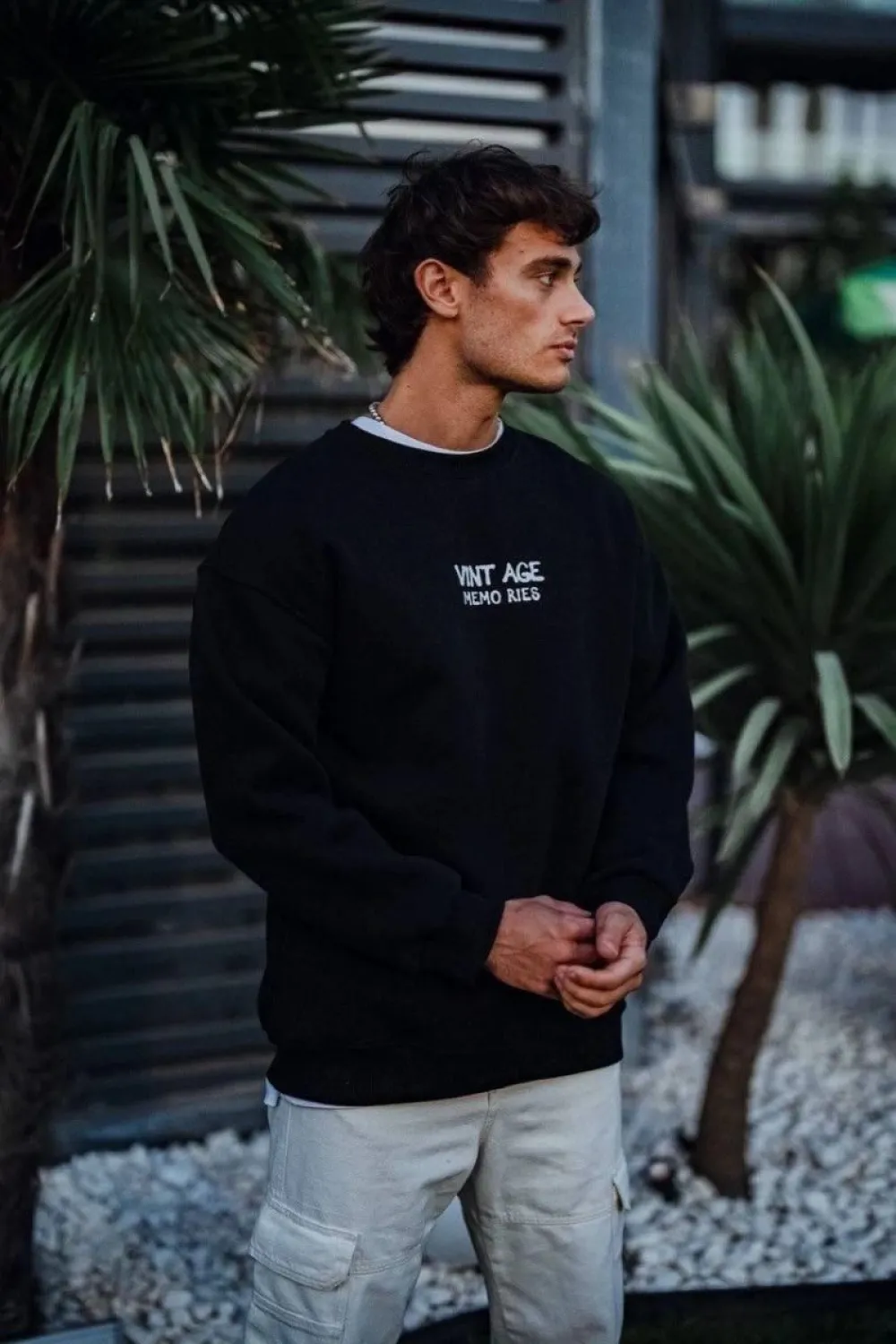 Erkek Bisiklet Yaka 3 İplik Pamuklu Baskılı SweatShirt - Siyah