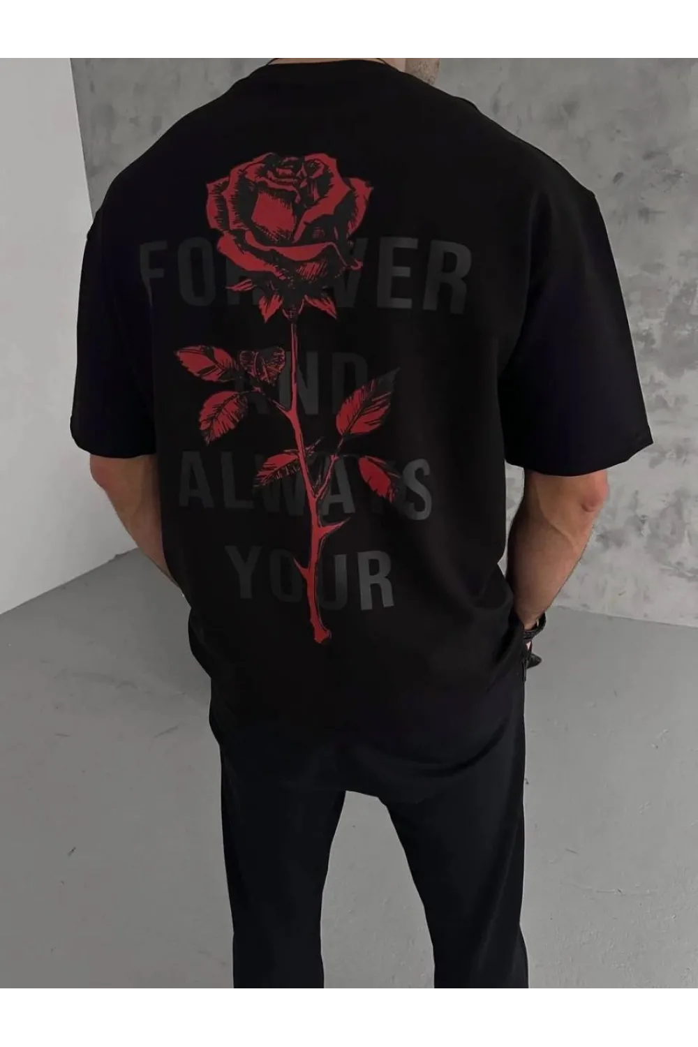 Erkek Bisiklet Yaka Baskılı Oversize  Kısa kol T-Shirt - Siyah