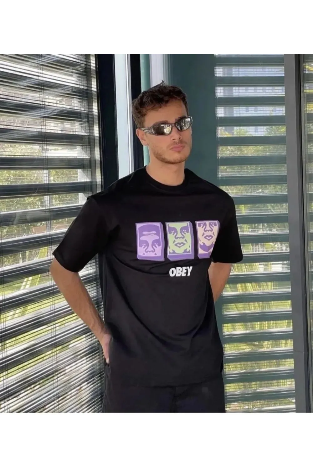ERKEK Bisiklet Yaka Baskılı Oversize Kısa kol T-Shirt - Siyah
