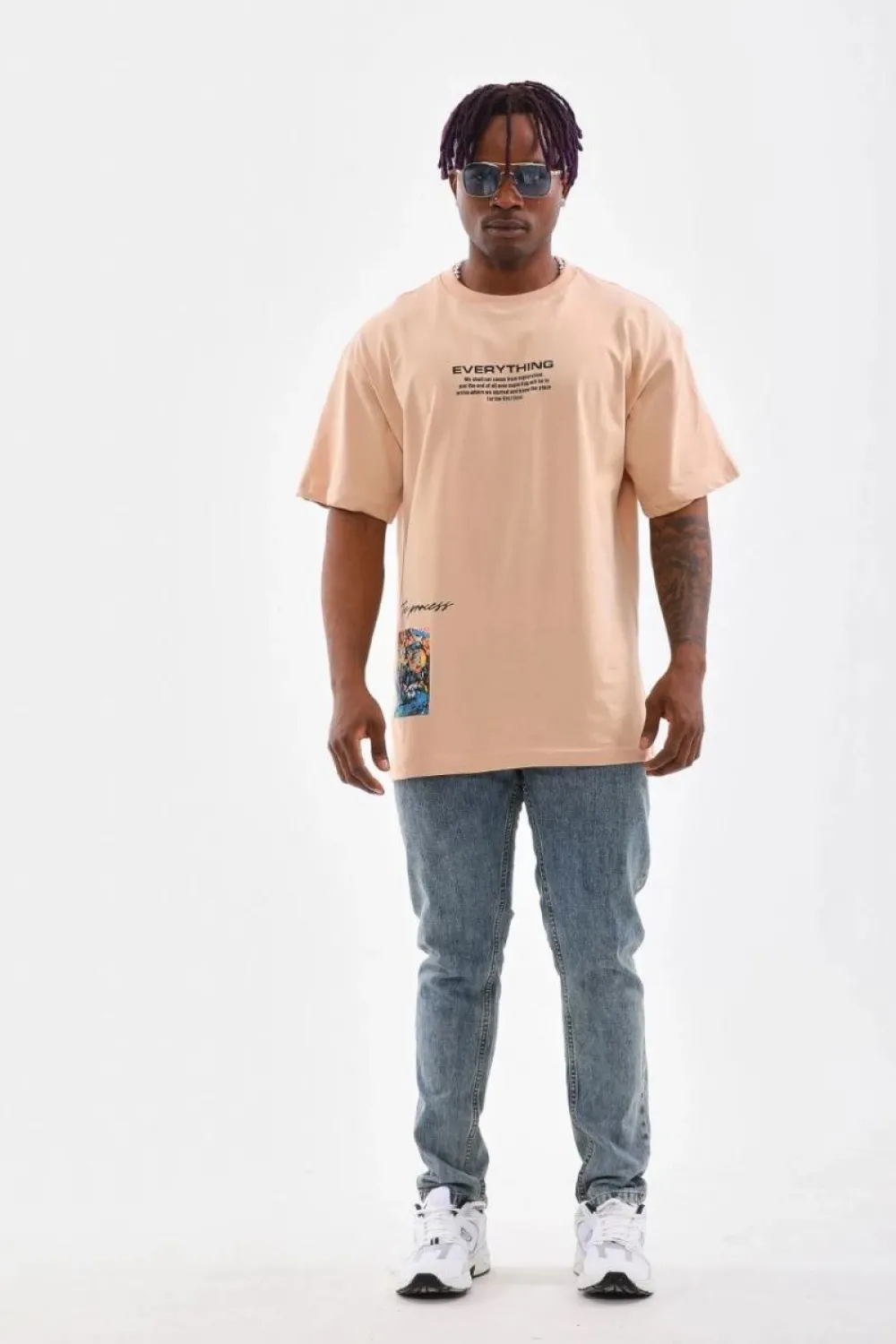 Erkek  Bisiklet Yaka Baskılı Oversize T-Shirt - Bej