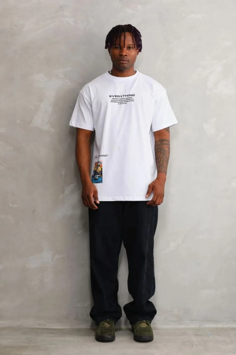 Erkek Bisiklet Yaka Baskılı Oversize T-Shirt - Beyaz