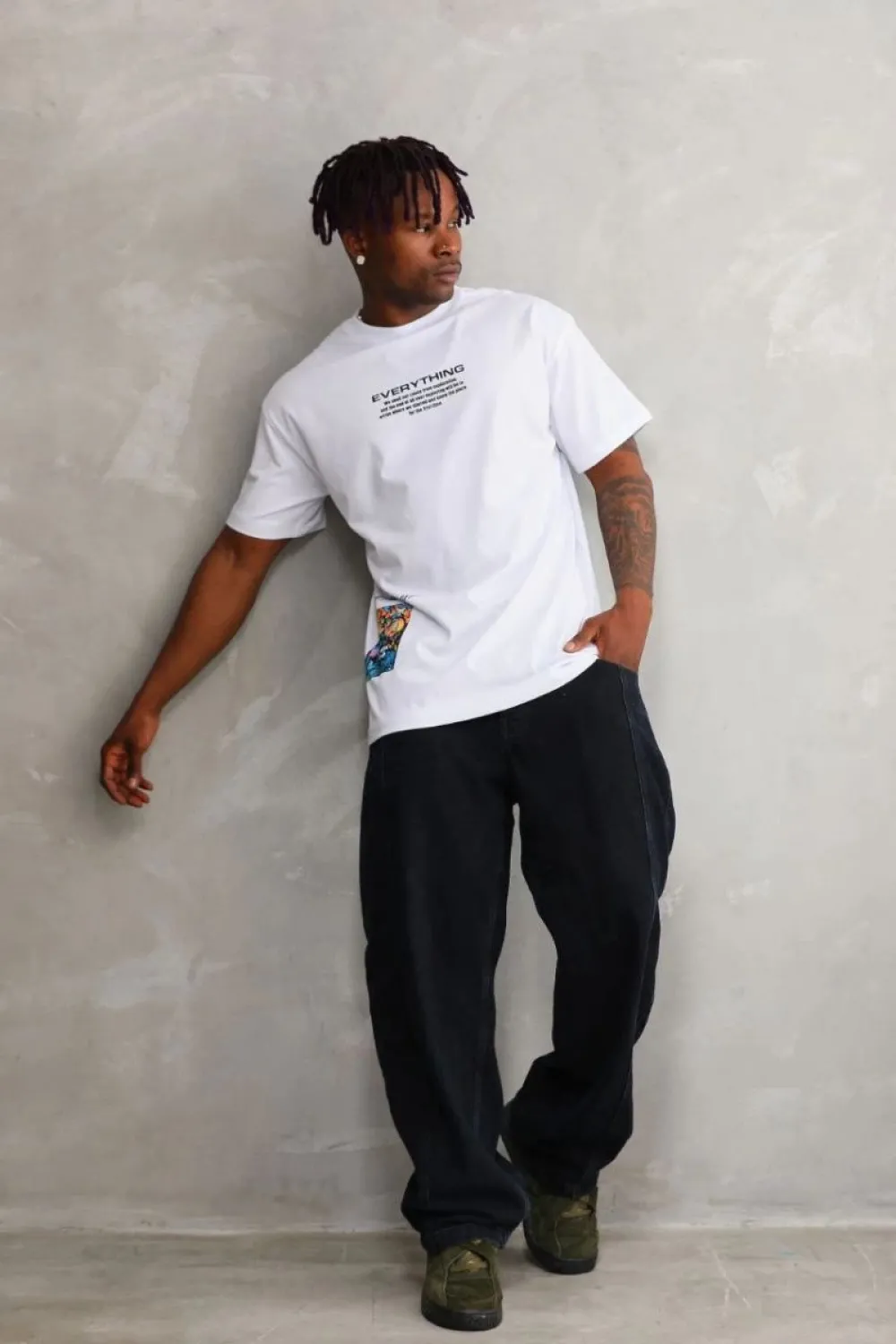 Erkek Bisiklet Yaka Baskılı Oversize T-Shirt - Beyaz