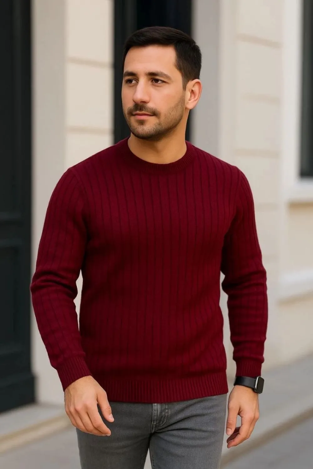 Erkek Bisiklet Yaka Triko Kazak Pamuklu Kalın Fitilli Dokuma Regular Fit - Bordo