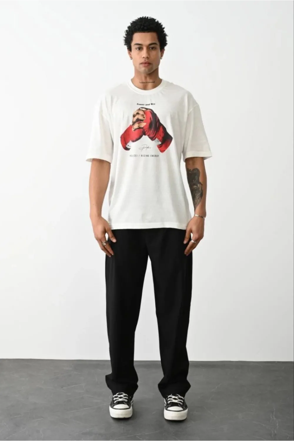 Erkek Box Eldiven Baskılı T-Shirt Kısa Kol Bisiklet Yaka Tişört - Beyaz