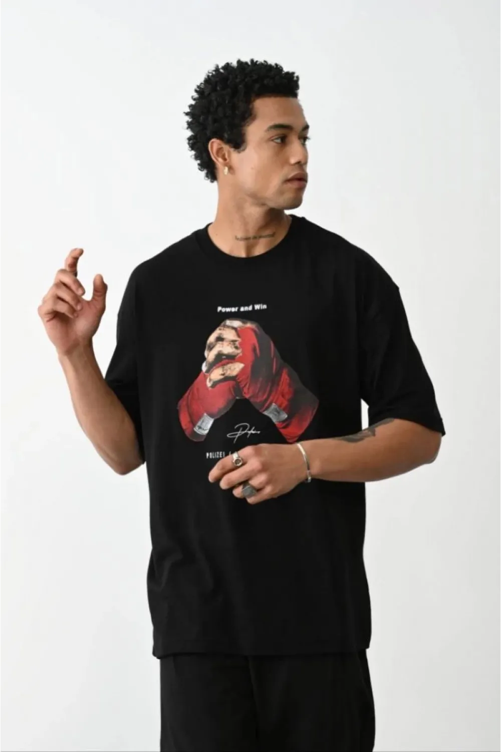 Erkek Boxy Eldiven Baskılı T-Shirt Kısa Kol Bisiklet Yaka Tişört - Siyah