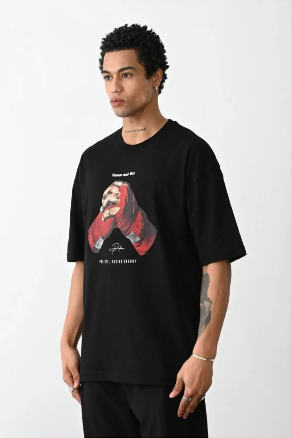 Erkek Boxy Eldiven Baskılı T-Shirt Kısa Kol Bisiklet Yaka Tişört - Siyah