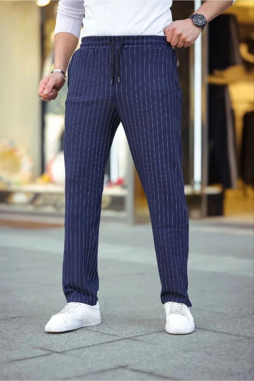Erkek Cizgili Dokuma Krep Jogger Buggy Pantalon Rahat kalıp - Lacivert