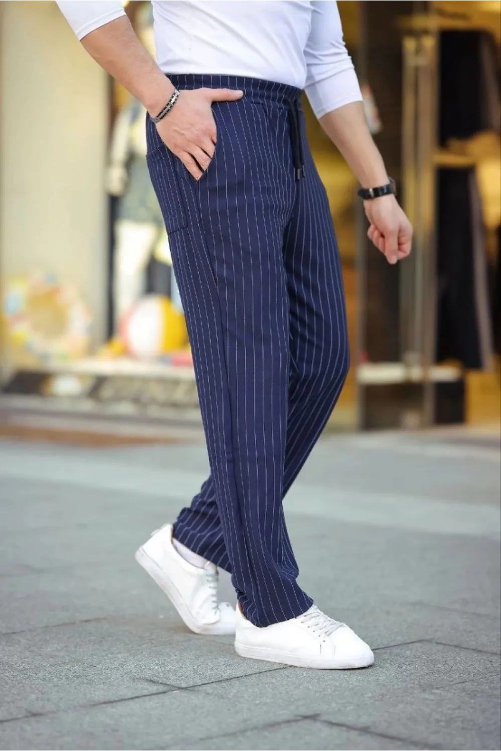 Erkek Cizgili Dokuma Krep Jogger Buggy Pantalon Rahat kalıp - Lacivert