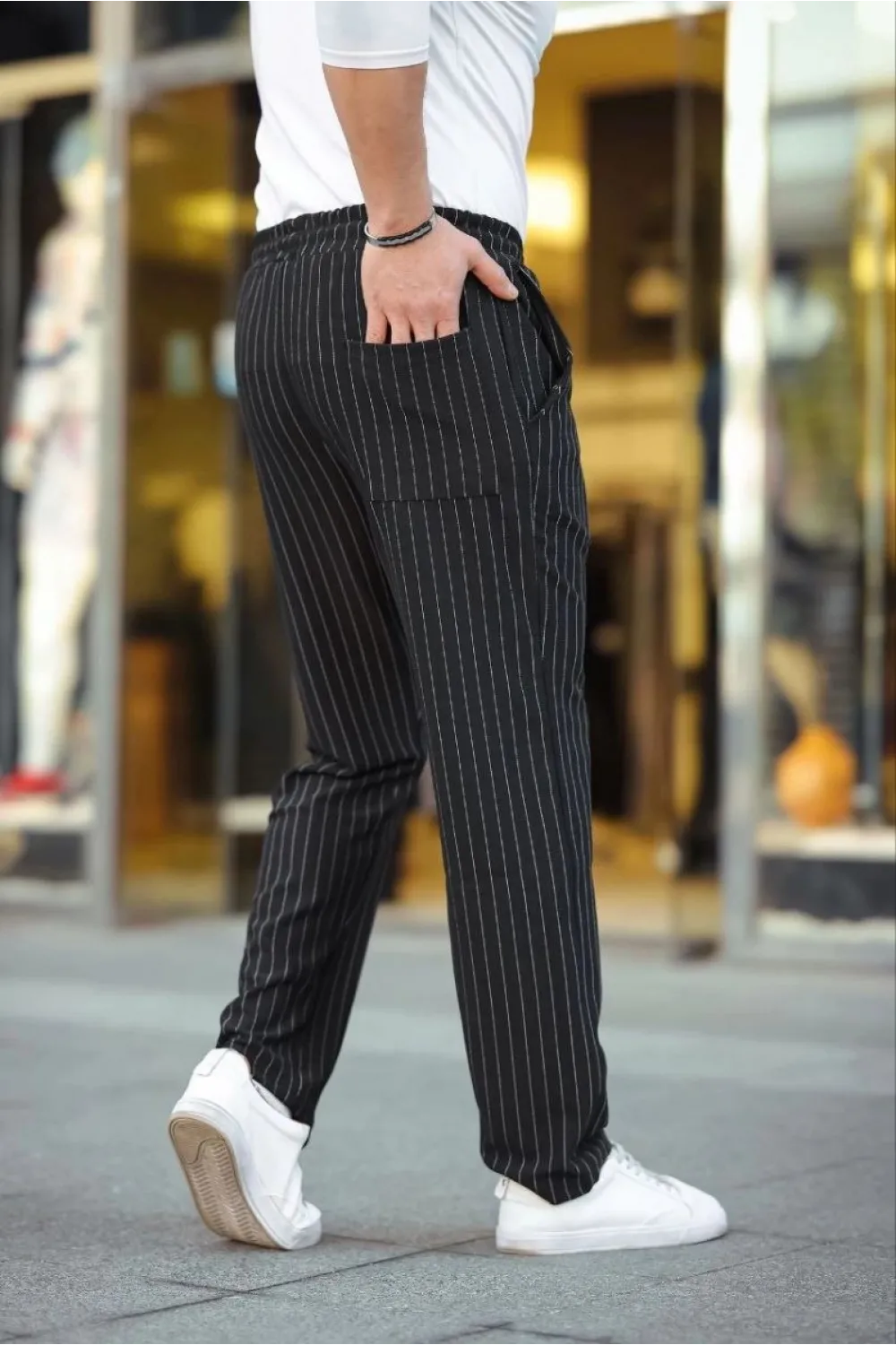 Erkek Cizgili Dokuma Krep Jogger Buggy Pantalon Rahat kalıp - Siyah