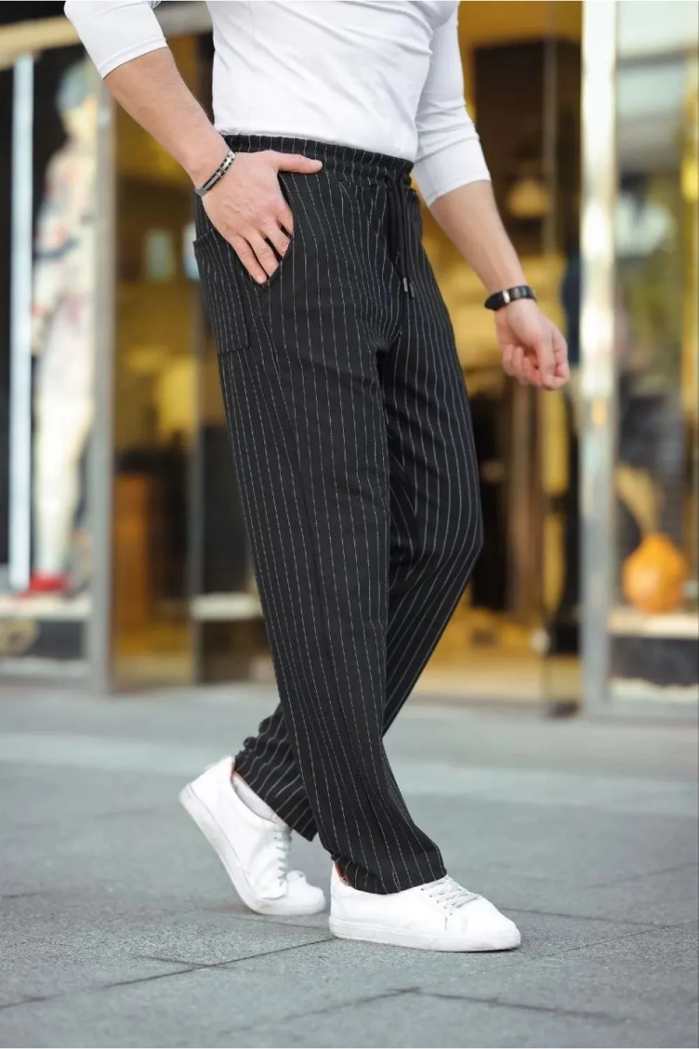 Erkek Cizgili Dokuma Krep Jogger Buggy Pantalon Rahat kalıp - Siyah