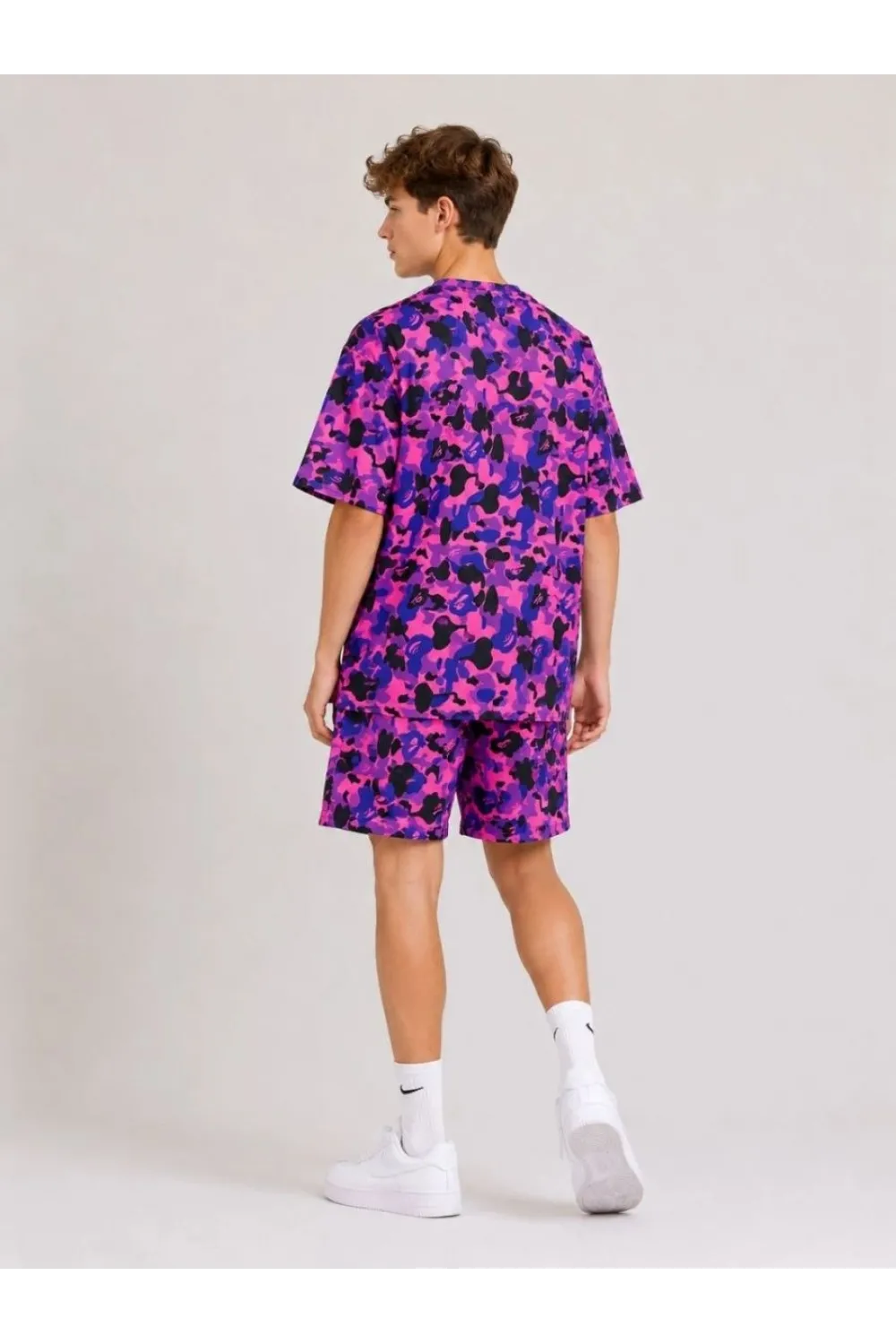 Erkek Çocuk Oversize Kalıp Pubg Bape X Shark Nakışlı Cepli Şort Takım - Mor