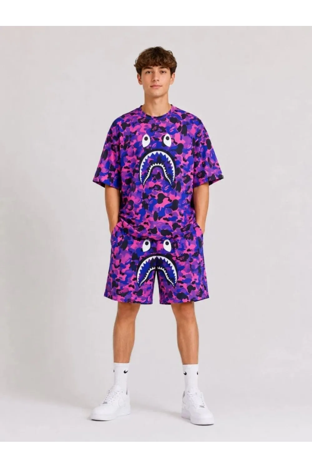 Erkek Çocuk Oversize Kalıp Pubg Bape X Shark Nakışlı Cepli Şort Takım - Mor