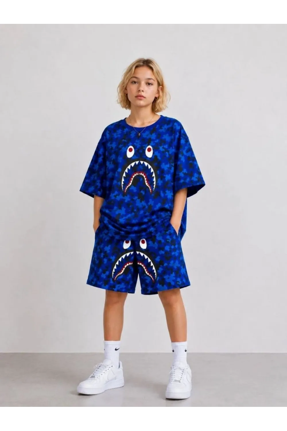 Erkek Çocuk Oversize Kalıp Pubg Bape X Shark Nakışlı Cepli Şort Takım - Siyah