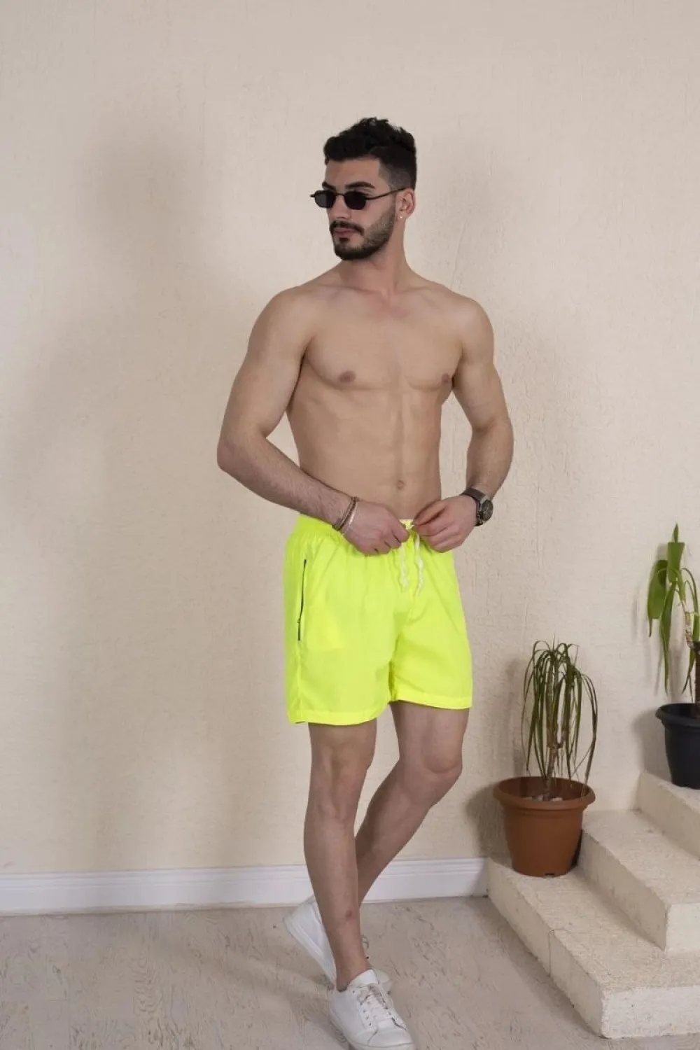 Erkek Deniz Şortu Fermuarlı Cepli File Astarlı - Neon Yeşili