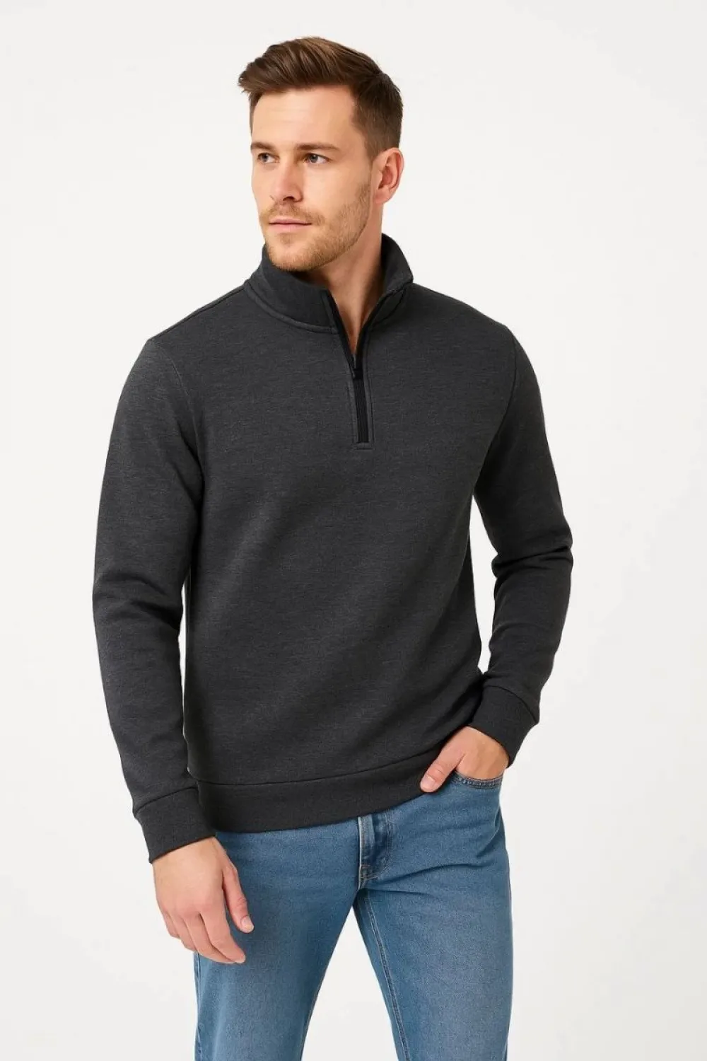 Erkek Dik Yaka Yarım Fermuarlı 3 İplik Pamuklu Sweatshirt -  Antrasit