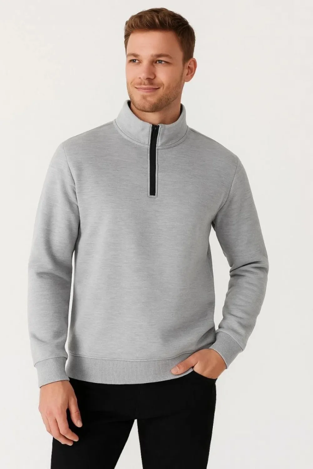 Erkek Dik Yaka Yarım Fermuarlı 3 İplik Pamuklu Sweatshirt - Gri