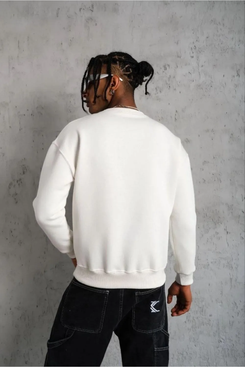 Erkek Düz Bisiklet Yaka 3 iplik pamuklu Sweatshirt - Beyaz