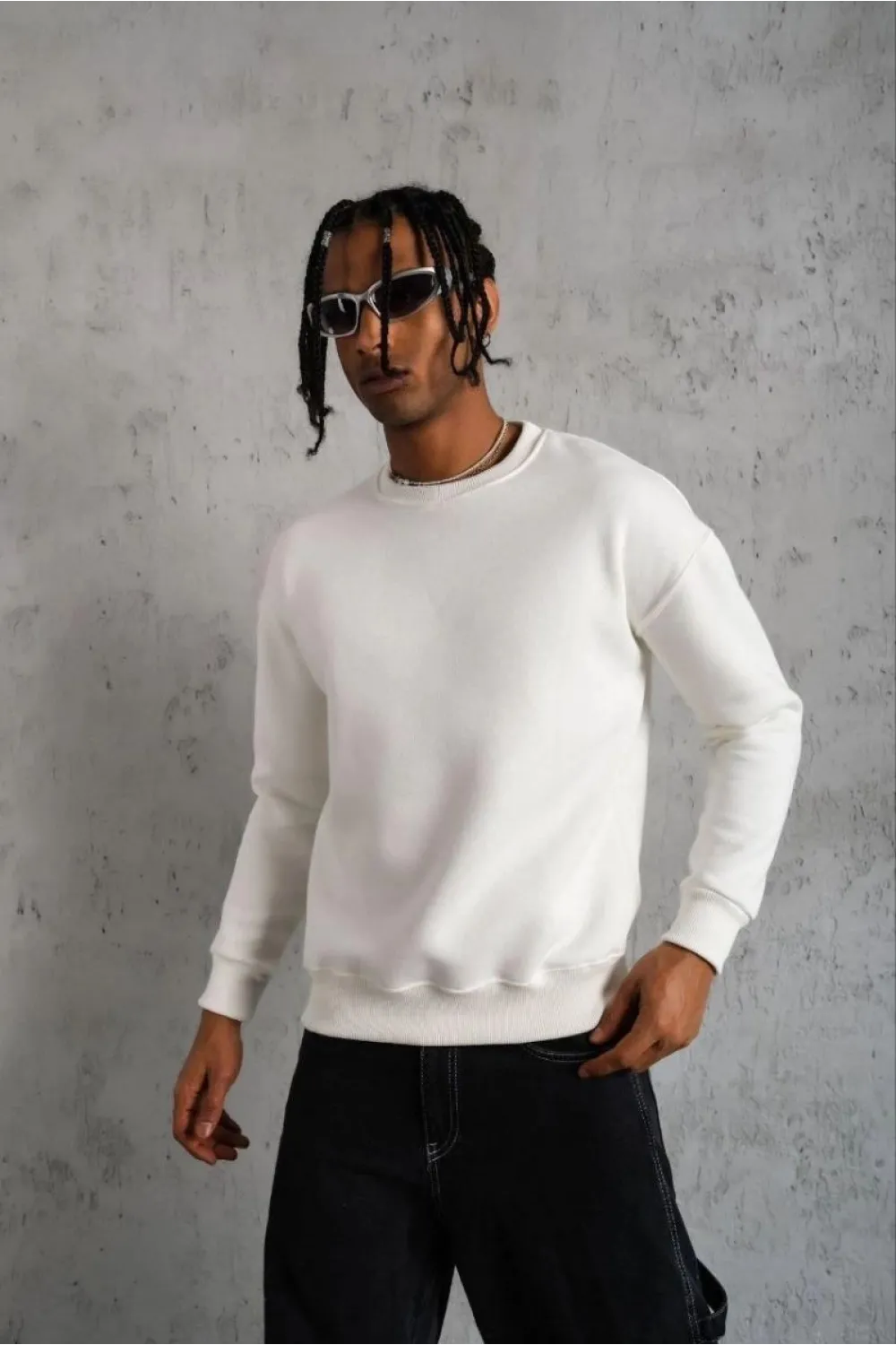 Erkek Düz Bisiklet Yaka 3 iplik pamuklu Sweatshirt - Beyaz