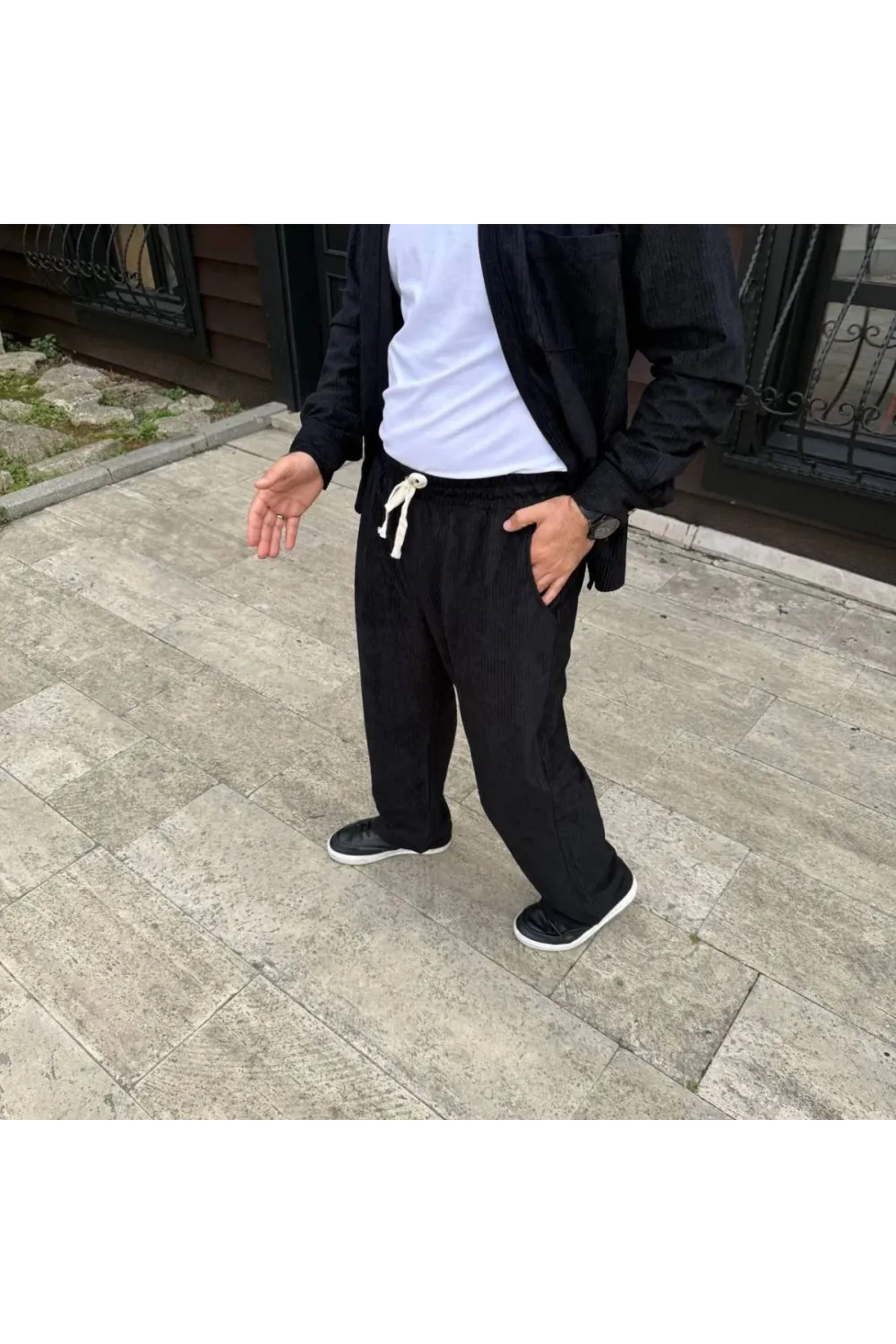 Erkek Fitilli Kadife Cepli Buggy Pantolon Oversize Rahat Kalıp - Siyah