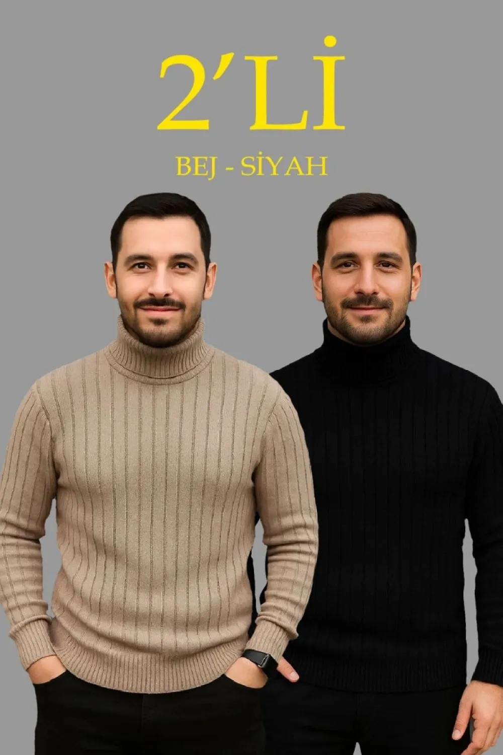 Erkek Fitilli Kazak Tam Boğazlı Balıkçı Yaka Triko 2li Set Bej-Siyah
